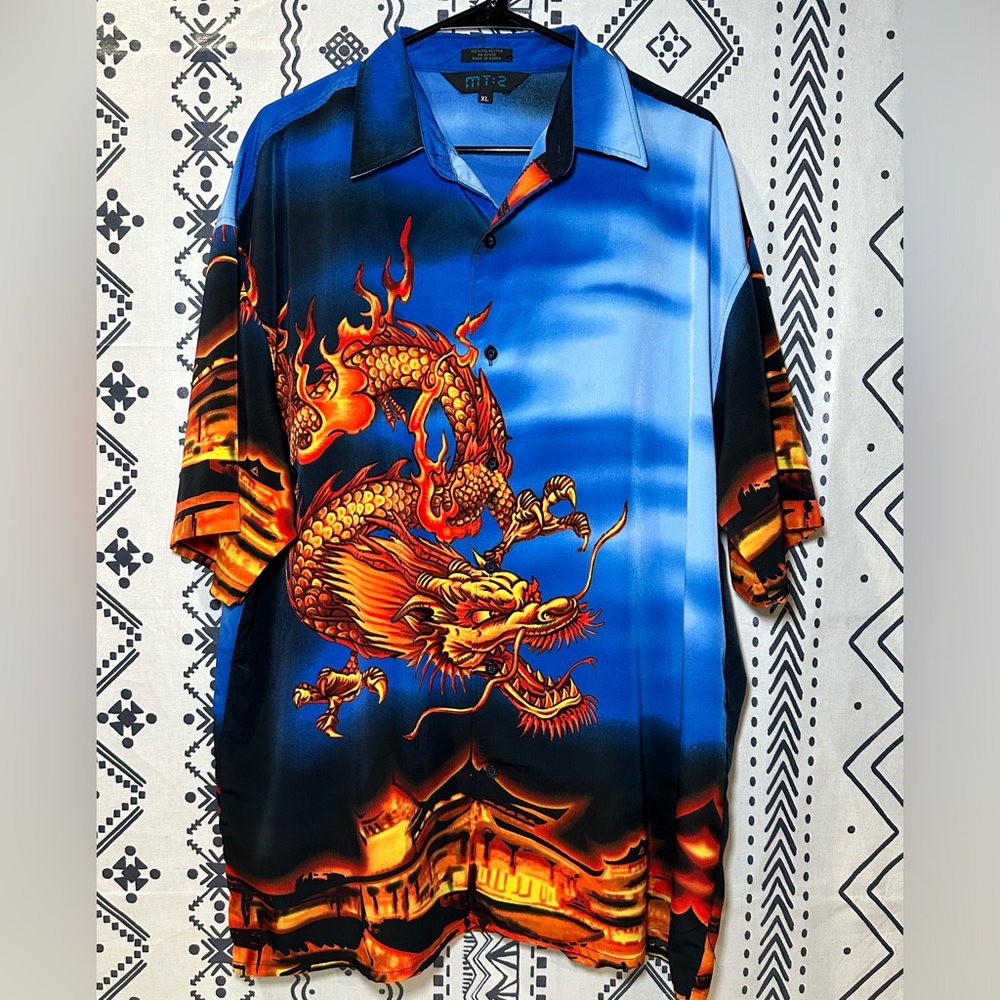 Vintage Y2K MT:2 Chinese Dragon‎ All Over Print Polo Shirt Size Xl